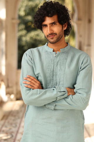 Sage Green Pleated-Cuff Kurta Set |  Linen Kurta Set for men