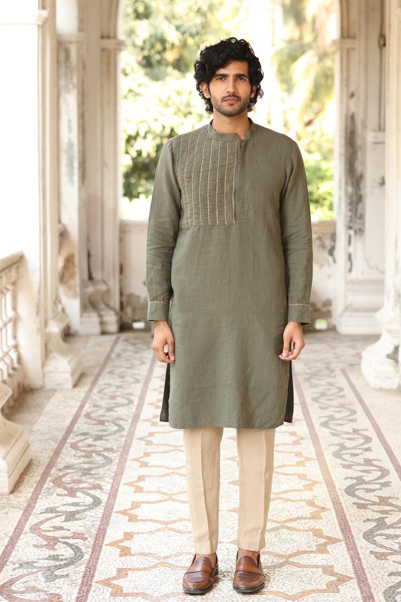 Green Yoke Piping Kurta Set | linen kurta set for men