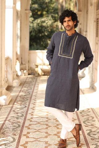 Navy Blue Pleated Hand-Embroidered Kurta Set | linen kurta set for men