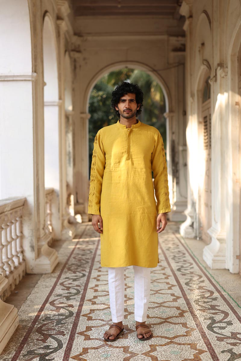 Mustard Yellow Kurta Set | linen kurta set for men