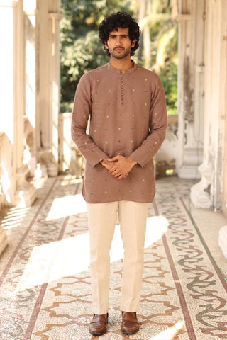 Brown Hand-Embroidered Short Kurta Set | Linen Short Kurta for men