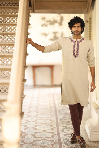  Natural Colour Placket Embroidered Kurta Set - Men's Linen Wear