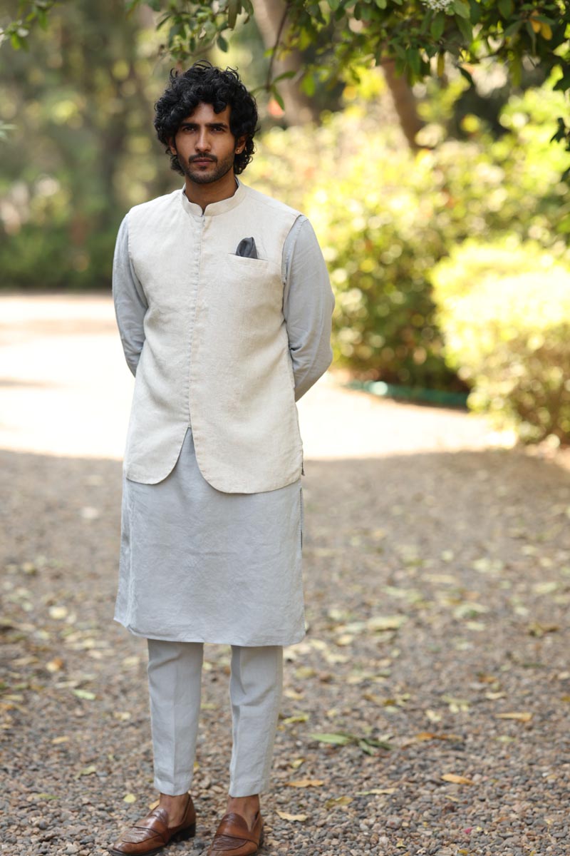 Cloud Grey Kurta & Jacket Set | linen kurta jacket set for men