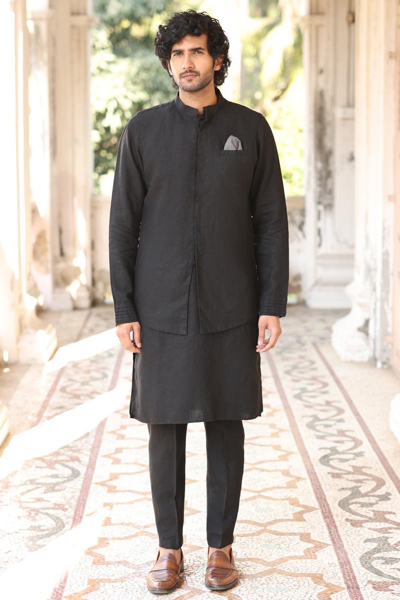 Black Kurta & Jacket Set | Linen Kurta Jacket for Men