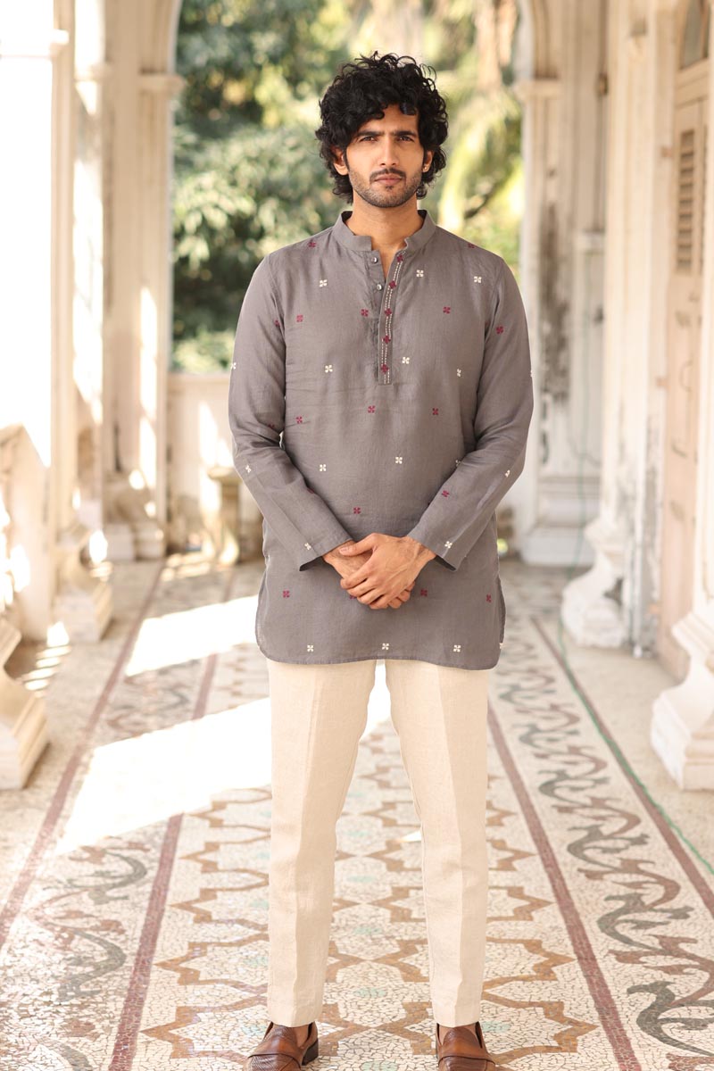 Grey Hand-Embroidered Short Kurta Set | Linen Kurta set for Men 