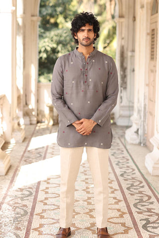 Grey Hand-Embroidered Short Kurta Set | Linen Kurta set for Men 