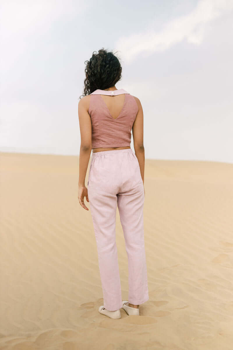 V-Back Top And High Waisted Trouser Co-Ords Back by Chi Linen