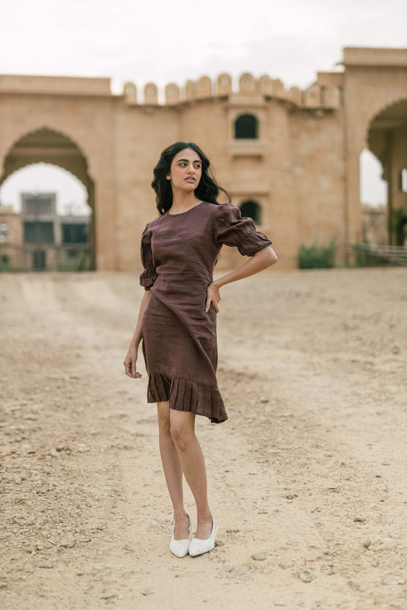 Puff Sleeve Frill Dress Front by Chi Linen