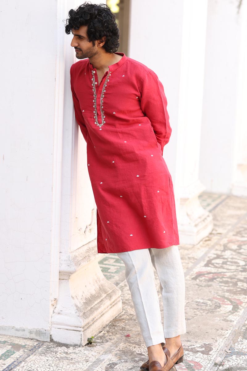 Crimson Hand Embroidered Kurta Set | linen kurta sets for men 