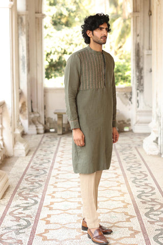 Green Yoke Piping Kurta Set | linen kurta set for men