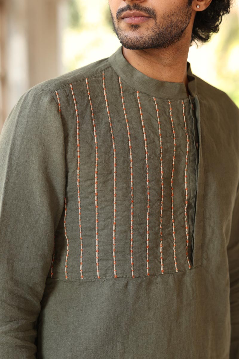 Green Yoke Piping Kurta Set | linen kurta set for men