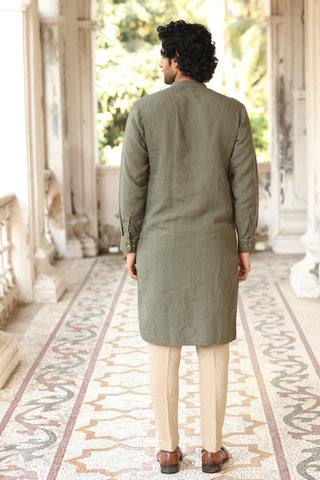 Green Yoke Piping Kurta Set | linen kurta set for men