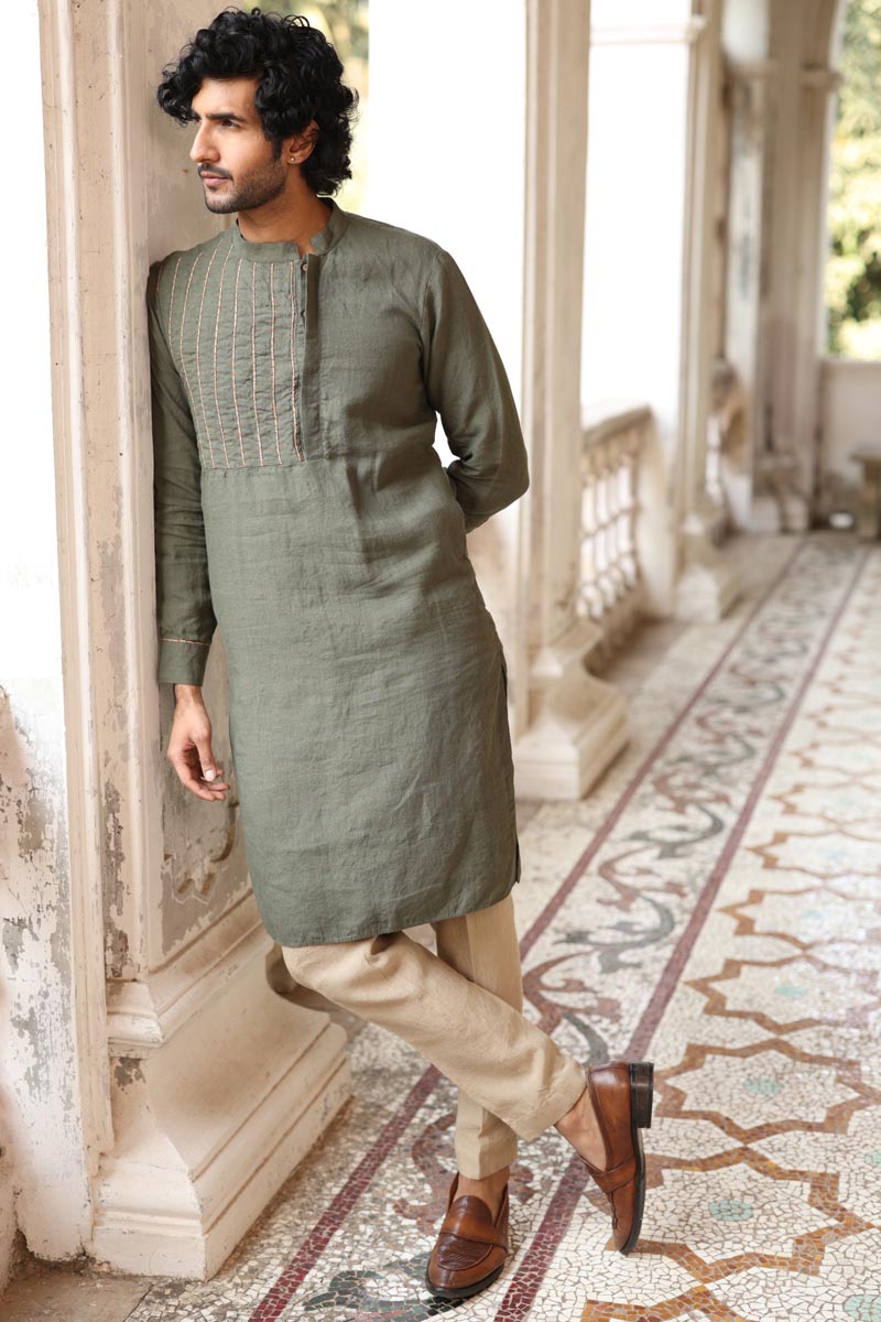 Green Yoke Piping Kurta Set | linen kurta set for men