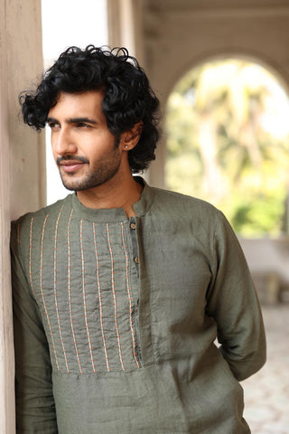 Green Yoke Piping Kurta Set | linen kurta set for men