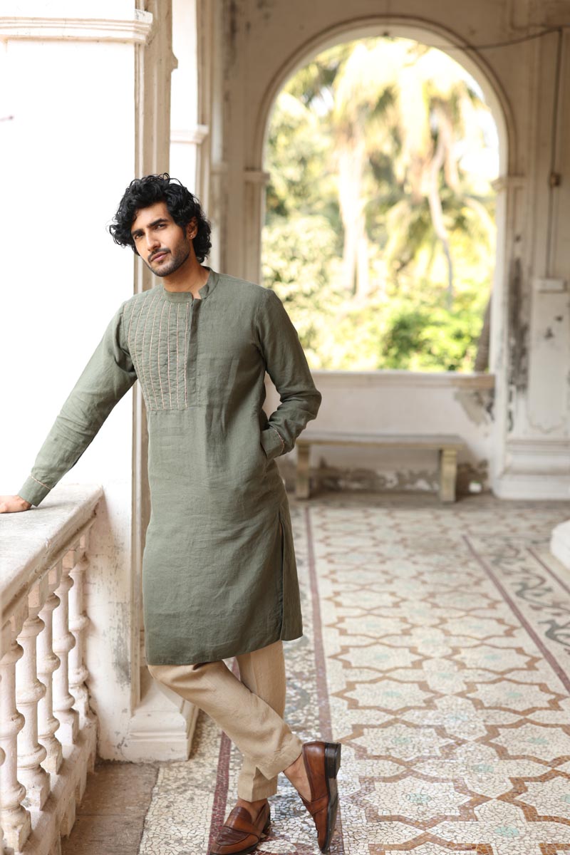 Green Yoke Piping Kurta Set | linen kurta set for men