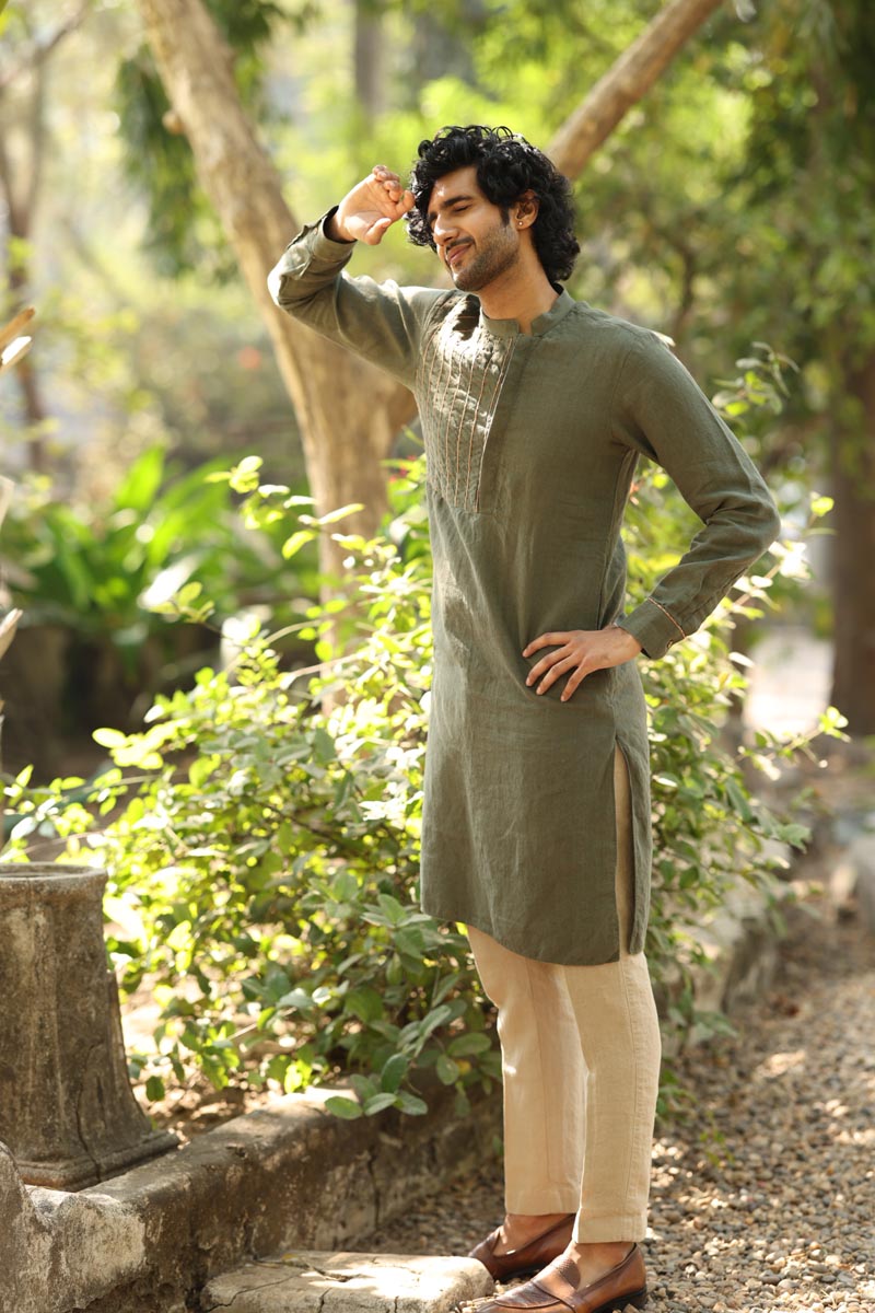 Green Yoke Piping Kurta Set | linen kurta set for men