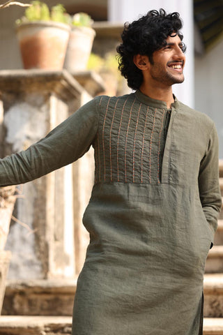 Green Yoke Piping Kurta Set | linen kurta set for men