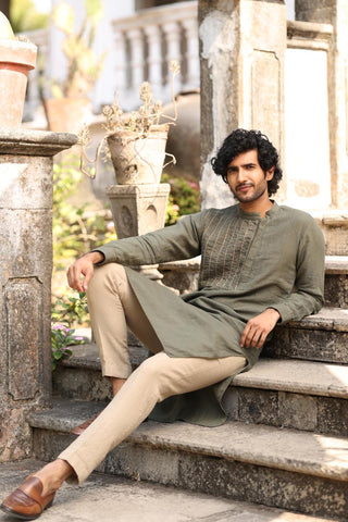 Green Yoke Piping Kurta Set | linen kurta set for men