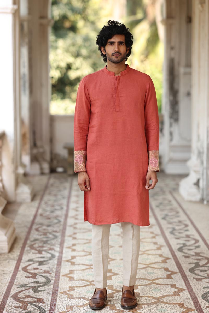 Dusty Orange Hand Embroidered Kurta Set | Linen Kurta set for Men