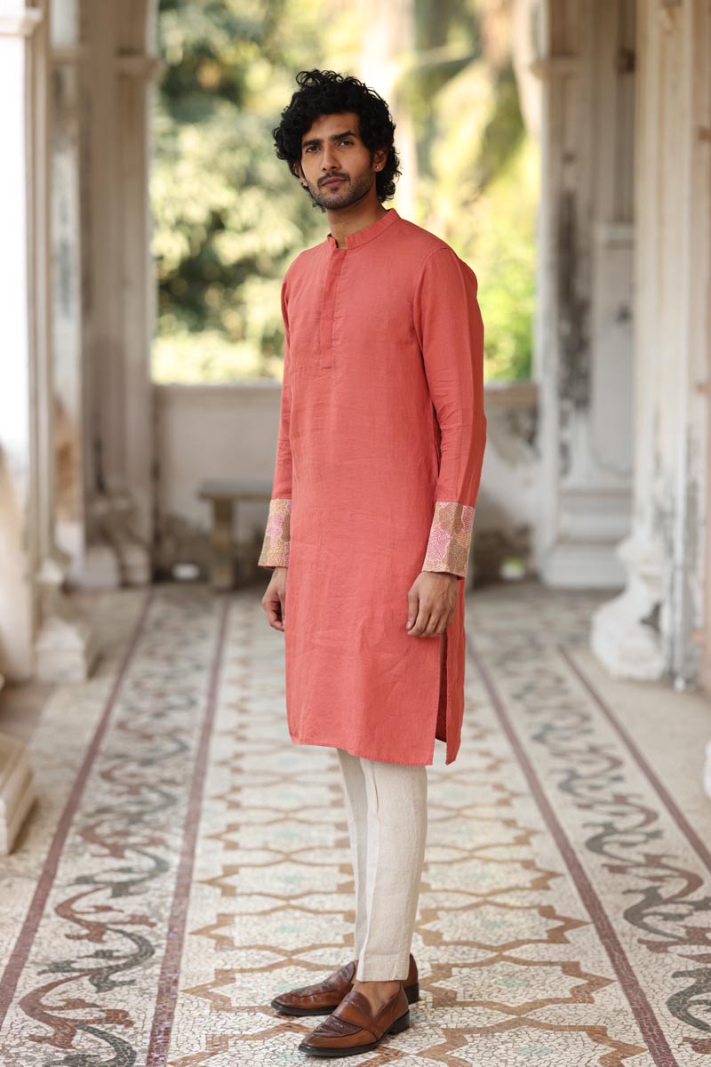 Dusty Orange Hand Embroidered Kurta Set | Linen Kurta set for Men