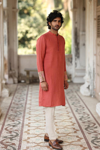 Dusty Orange Hand Embroidered Kurta Set | Linen Kurta set for Men