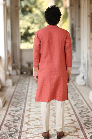 Dusty Orange Hand Embroidered Kurta Set | Linen Kurta set for Men