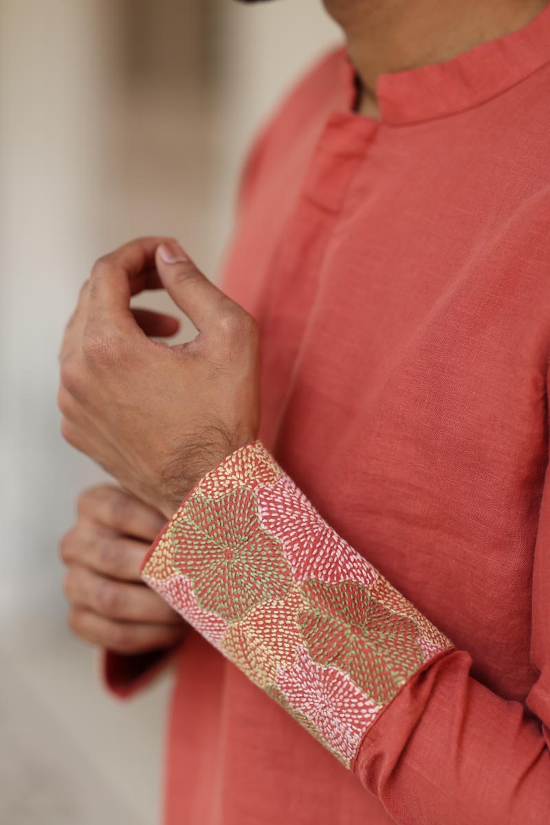 Dusty Orange Hand Embroidered Kurta Set | Linen Kurta set for Men