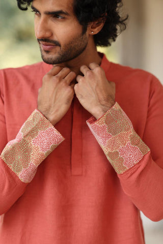 Dusty Orange Hand Embroidered Kurta Set | Linen Kurta set for Men