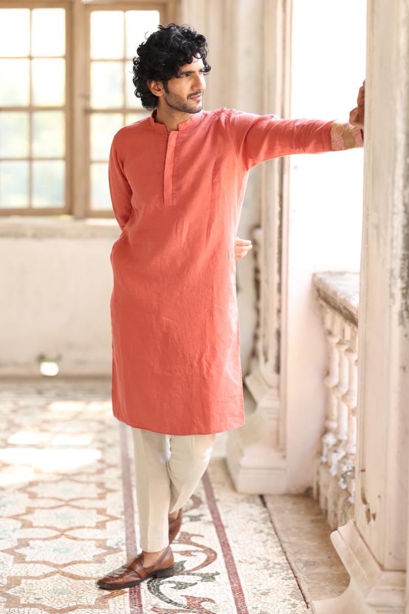 Dusty Orange Hand Embroidered Kurta Set | Linen Kurta set for Men