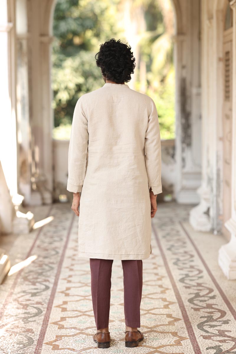  Natural Colour Placket Embroidered Kurta Set - Men's Linen Wear