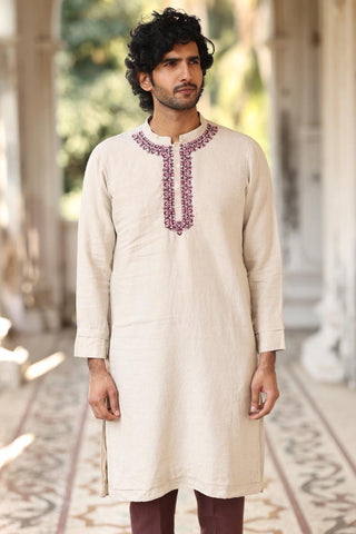  Natural Colour Placket Embroidered Kurta Set | linen kurta sets for men