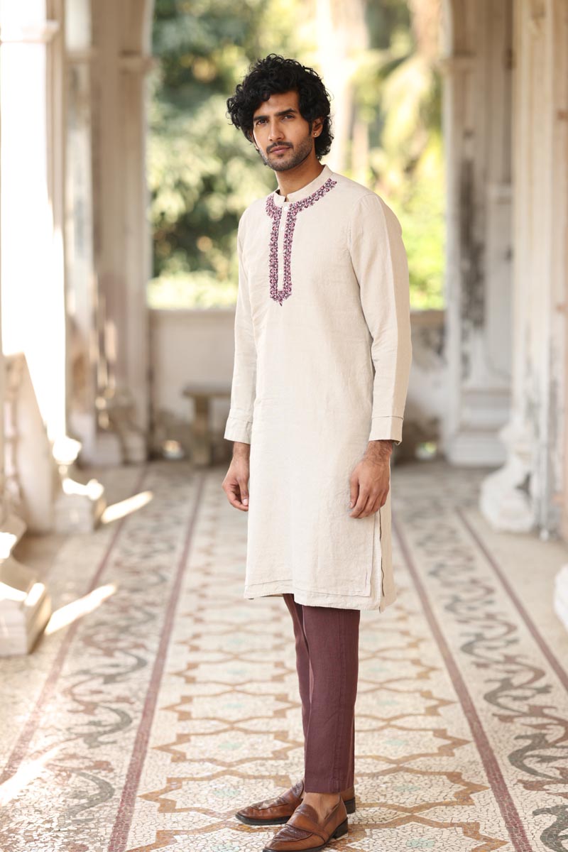  Natural Colour Placket Embroidered Kurta Set | linen kurta sets for men