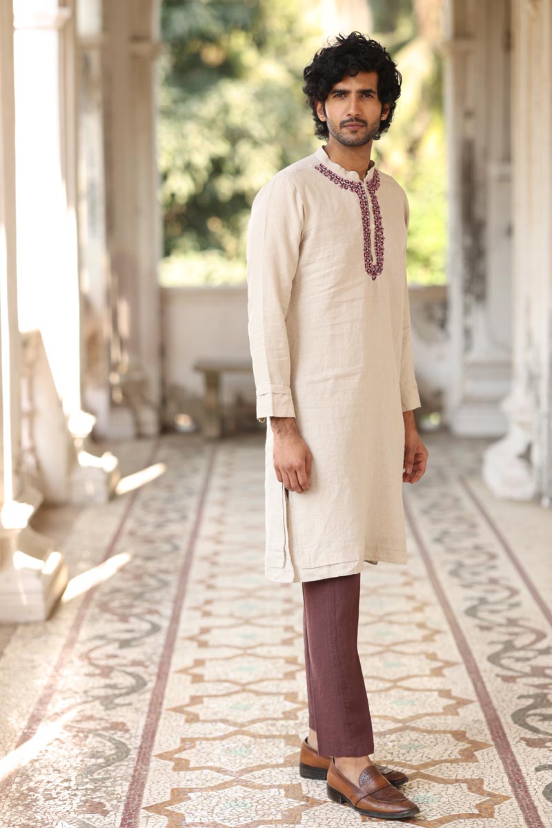  Natural Colour Placket Embroidered Kurta Set | linen kurta sets for men