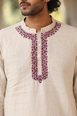  Natural Colour Placket Embroidered Kurta Set | linen kurta sets for men