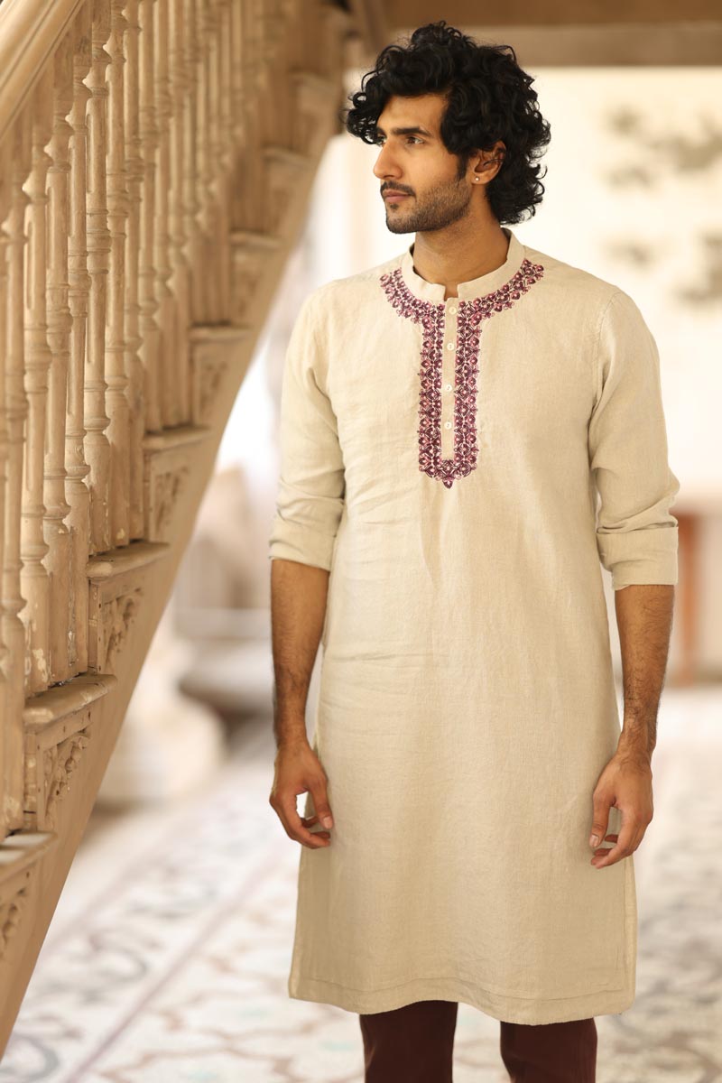  Natural Colour Placket Embroidered Kurta Set | linen kurta sets for men