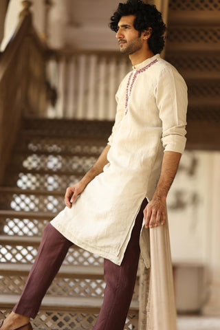  Natural Colour Placket Embroidered Kurta Set | linen kurta sets for men