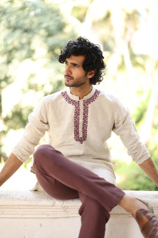  Natural Colour Placket Embroidered Kurta Set | linen kurta sets for men