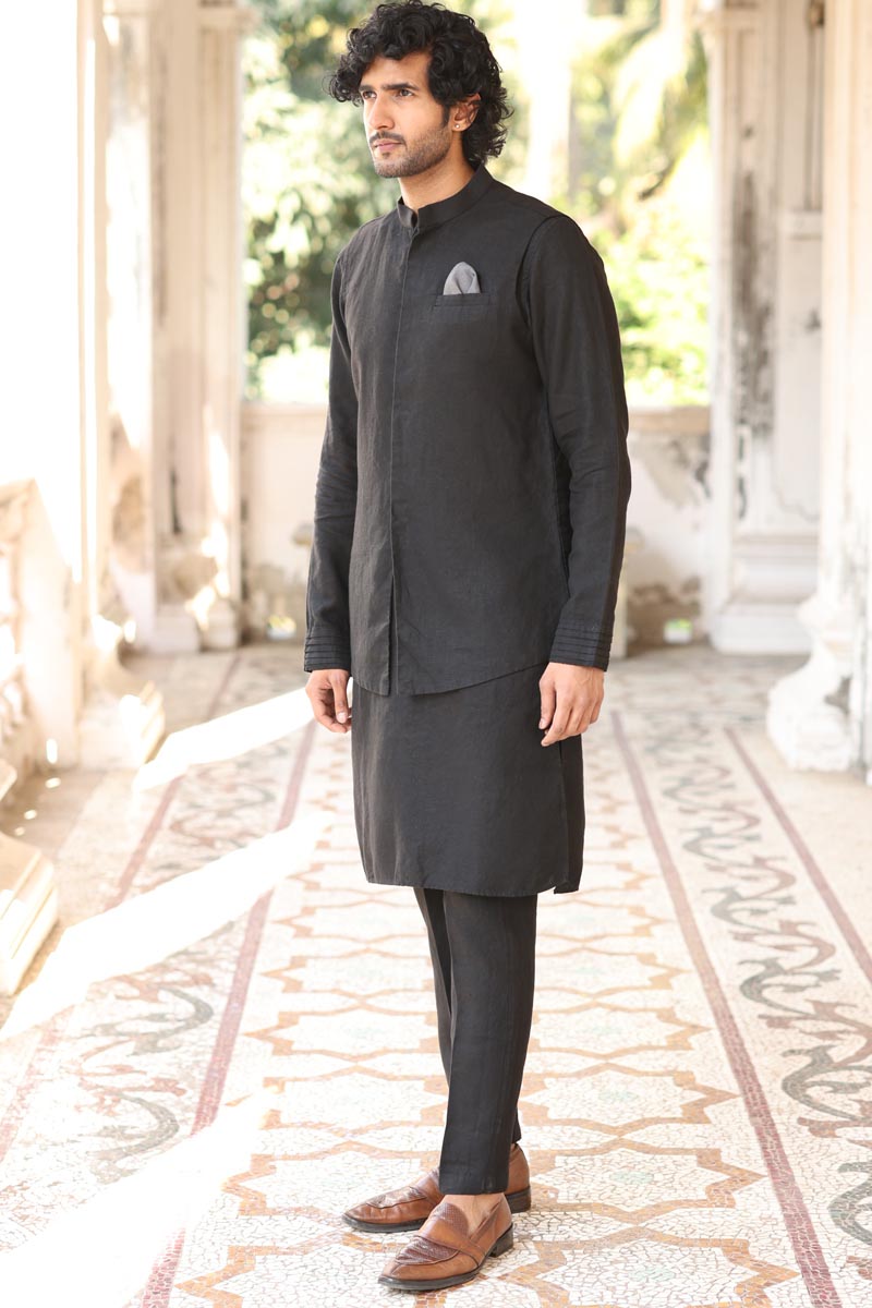 Black Kurta & Jacket Set | Linen Kurta Jacket for Men