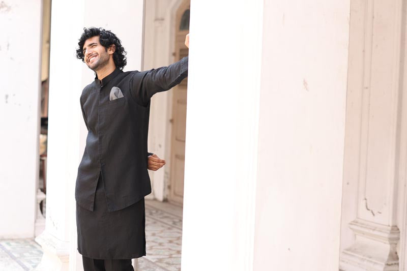 Black Kurta & Jacket Set | Linen Kurta Jacket for Men