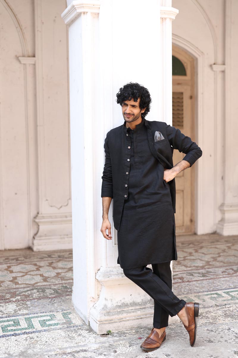 Black Kurta & Jacket Set | Linen Kurta Jacket for Men