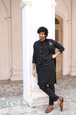 Black Kurta & Jacket Set | Linen Kurta Jacket for Men