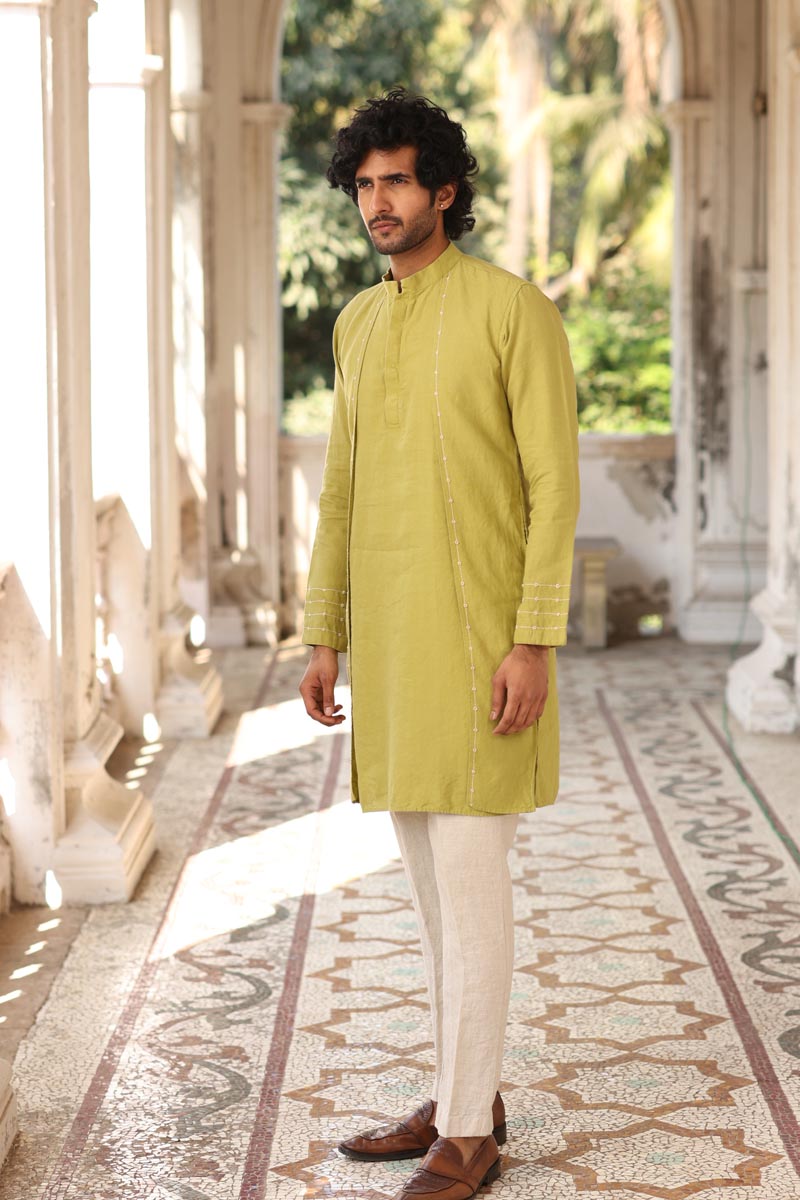 Kiwi Green Minimal Hand-Embroidered Kurta Set | Men's Linen Kurta 