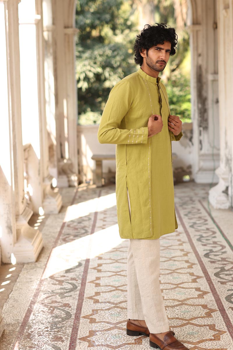 Kiwi Green Minimal Hand-Embroidered Kurta Set | Men's Linen Kurta 