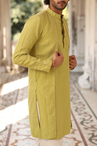 Kiwi Green Minimal Hand-Embroidered Kurta Set | Men's Linen Kurta 