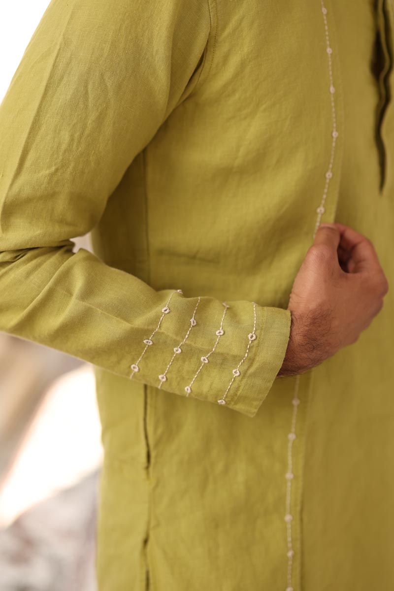 Kiwi Green Minimal Hand-Embroidered Kurta Set | Men's Linen Kurta 