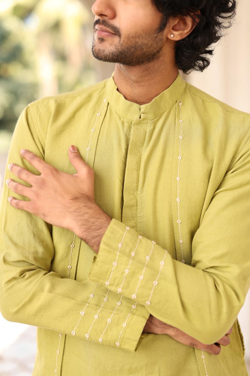 Kiwi Green Minimal Hand-Embroidered Kurta Set | Men's Linen Kurta 