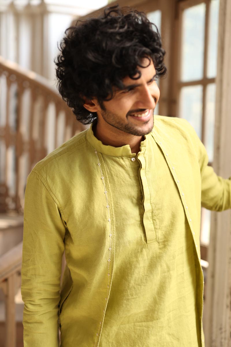 Kiwi Green Minimal Hand-Embroidered Kurta Set | Men's Linen Kurta 