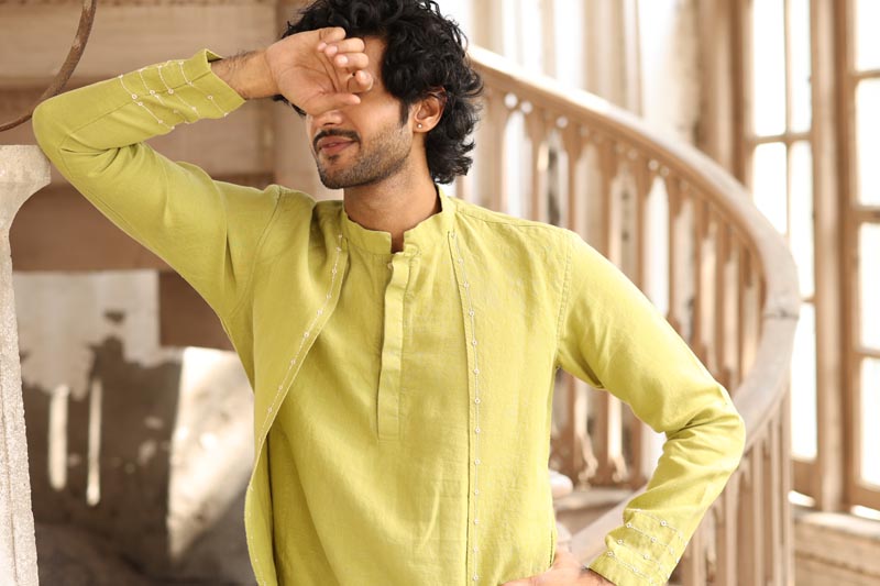 Kiwi Green Minimal Hand-Embroidered Kurta Set | Men's Linen Kurta 