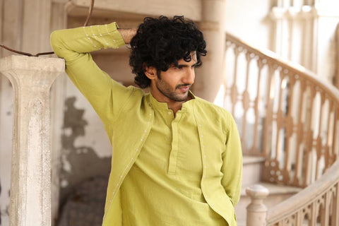 Kiwi Green Minimal Hand-Embroidered Kurta Set | Men's Linen Kurta 