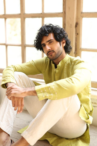 Kiwi Green Minimal Hand-Embroidered Kurta Set | Men's Linen Kurta 